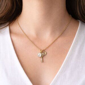 Lia Sophia Gold Tone Key Necklace Clear Charm Vintage Inspired Jewelry 16-19"
